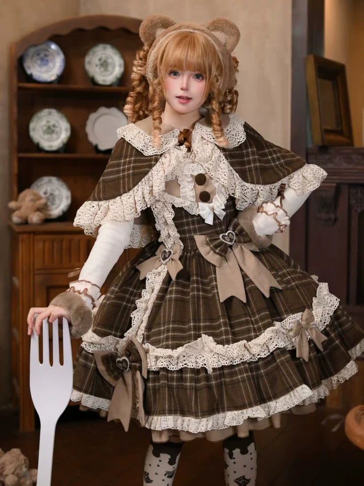 Qianmu - Choco Chestnut - Plaid Kawaii Lolita JSK Dress, Peter Pan Collar Cape