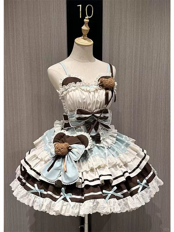Sweet Lolita chocolate tiered dress with teddy bear appliqués and matching accessories
