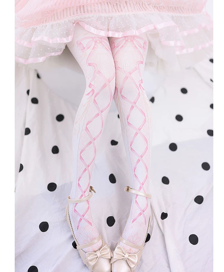 roji roji - Love and Vows - 120D Velvet Ribbon-Lattice Tights