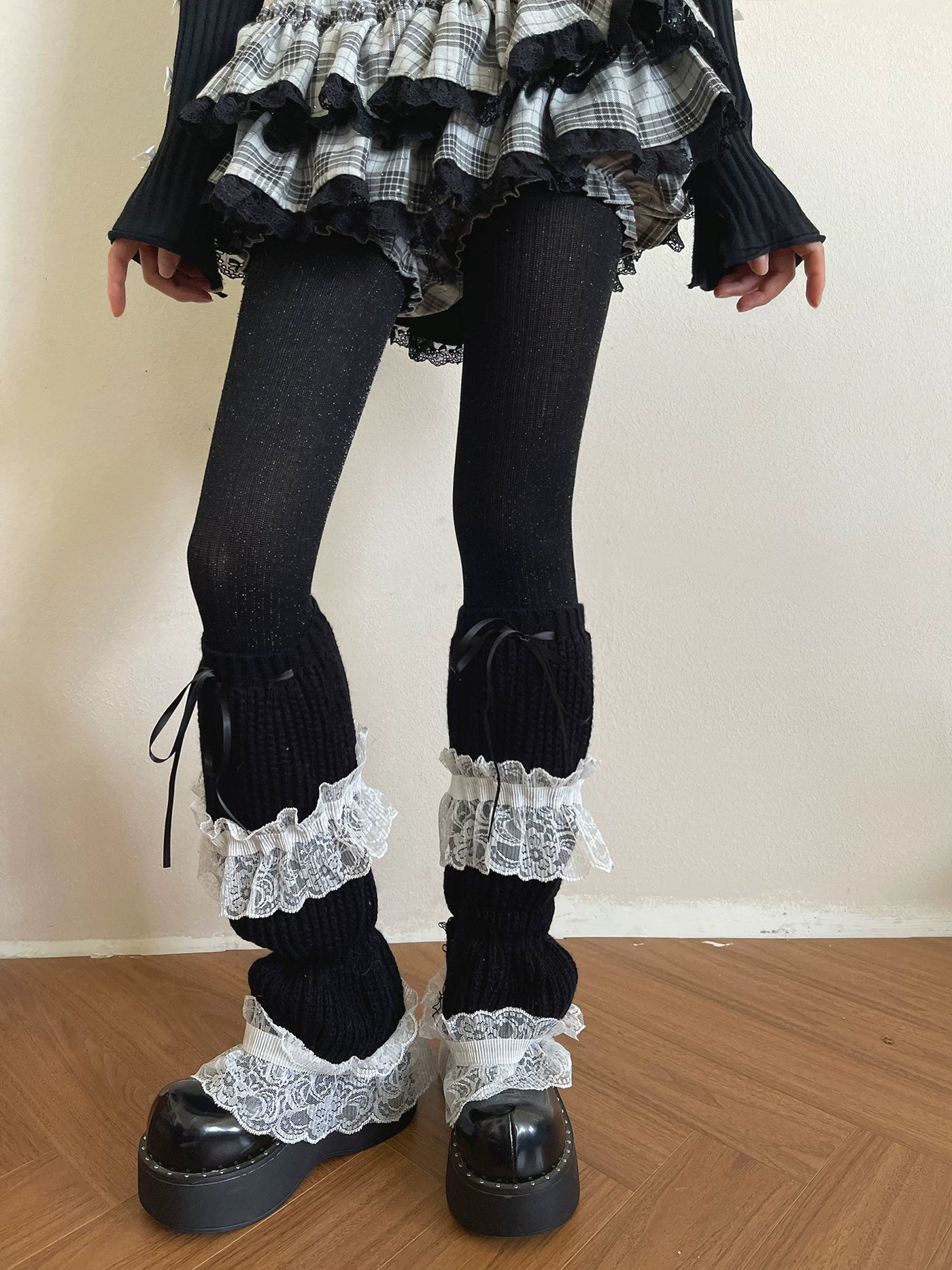 Sock Noble - Dark Lace Knit - Pants with black sock-cover or shiny tights options