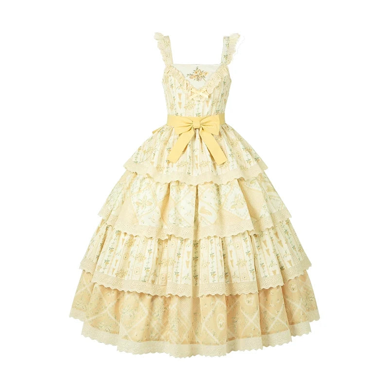 With PUJI - Letter and Poetry Sunflower Matters - Country Lolita JSK Embroidered Printed Lolita Dress S Embroidered Print JSK with Belt and Bow