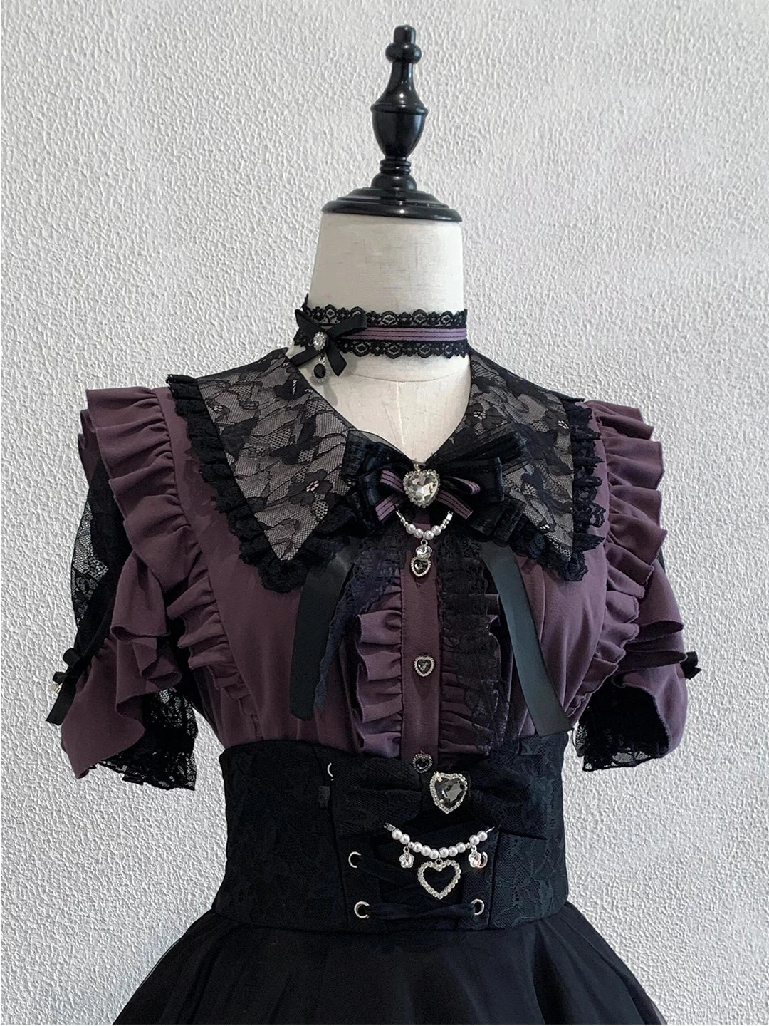 Creamy - Purple Noir - Blouse and Skirt Set with a Lace Collar