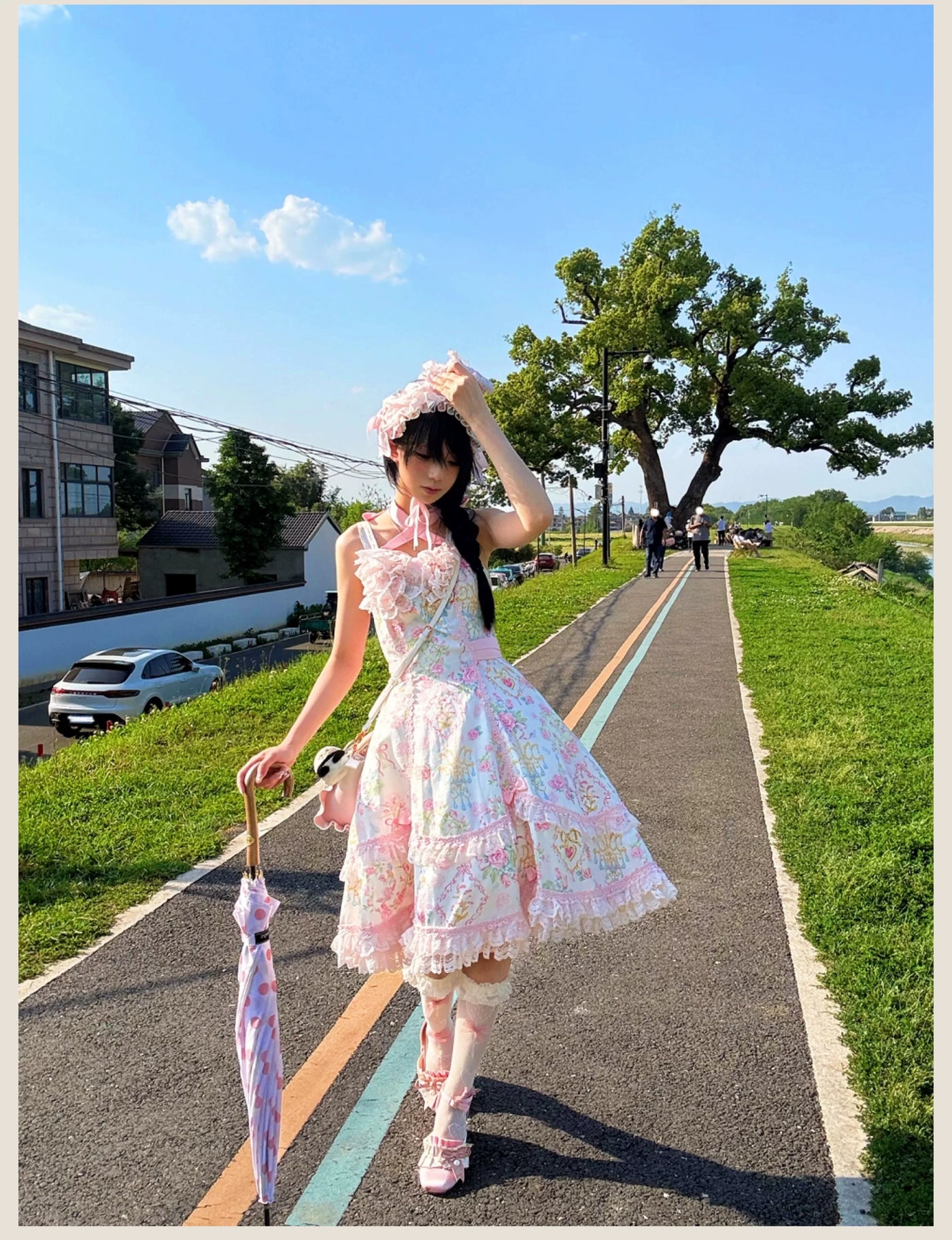 Tata Long Ear - Spring 2025 Floral Wall - Floral Print JSK Dress with Layered Lace Ruffles