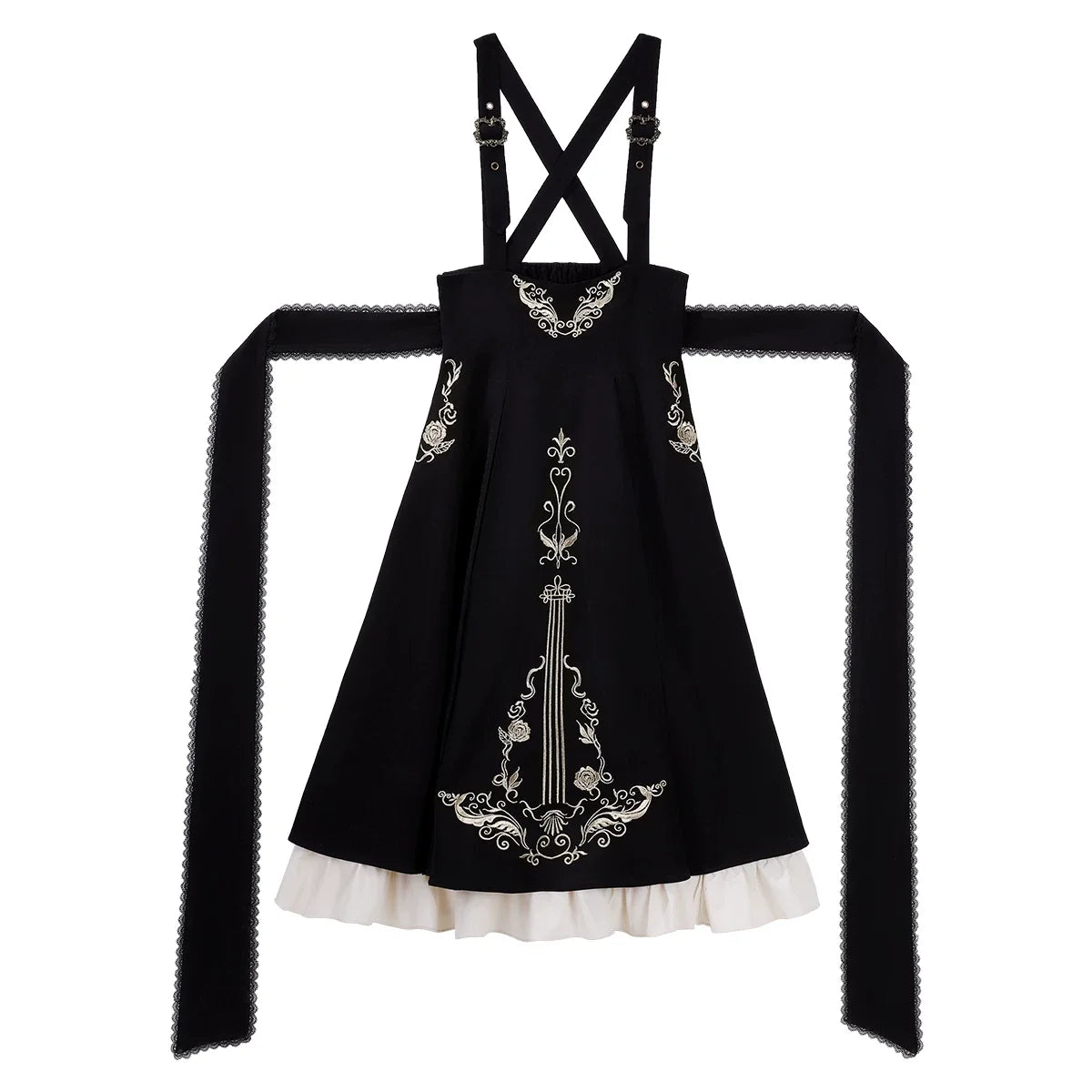 Matutu - Violin Variations - Bust-supporting dress set with golden violin embroidery and detachable jabot
