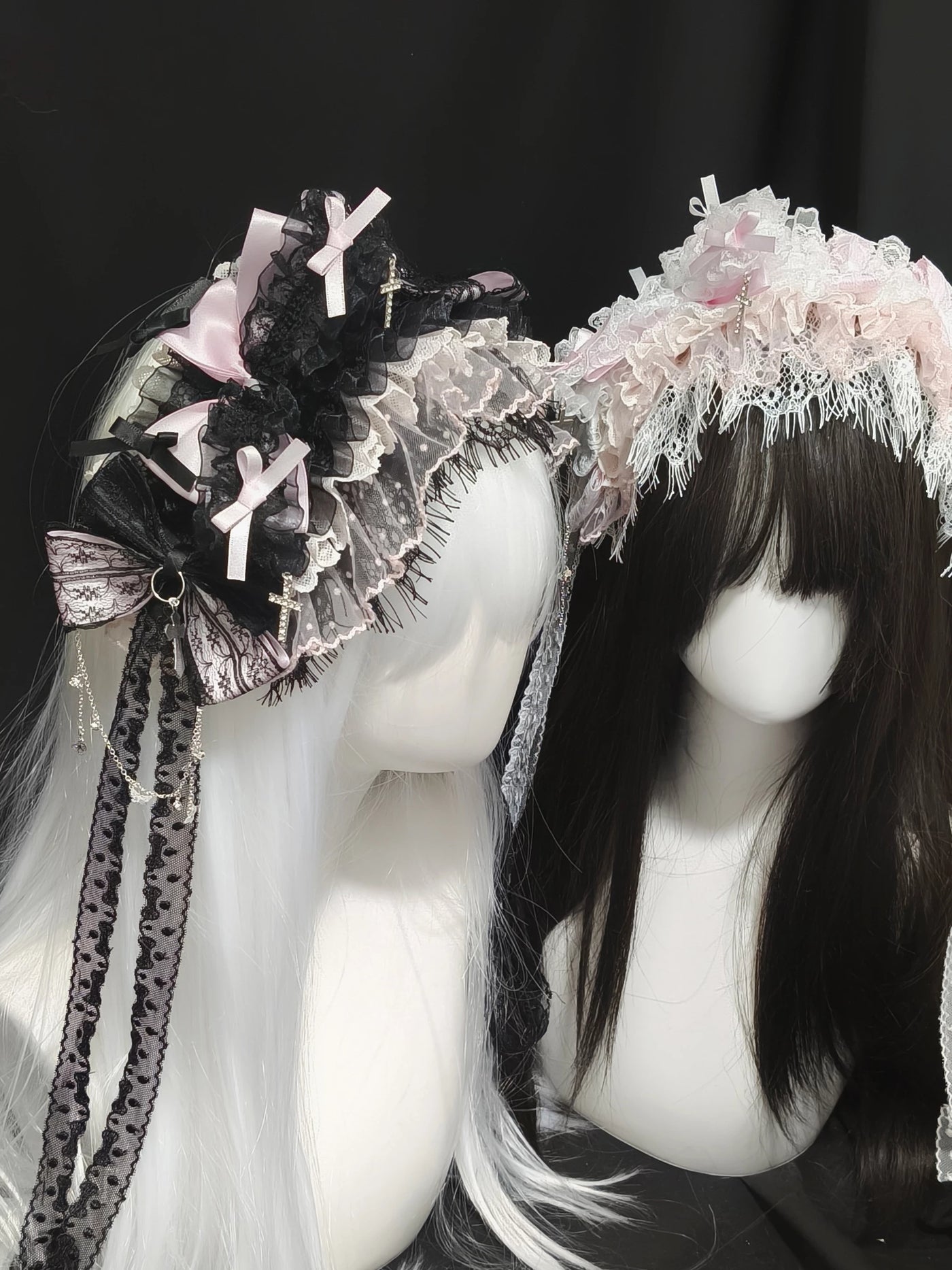 Dokisuru - Cross Lace - Heavily Embellished Lace Hairband with Bows and Cross Accents