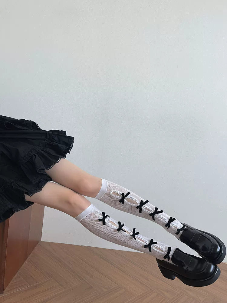 Sock Noble - Gothic Bow Lace - Mid-Calf Slouch Socks with Openwork Lace