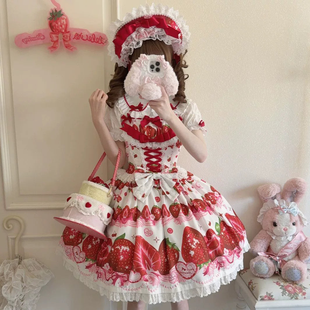Lady Han Sweet Berry Story JSK dress featuring a cute, colorful berry print and lace details, perfect for Lolita fashion style.