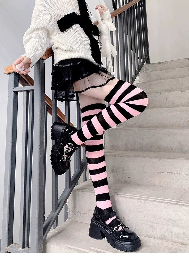 Floral Milk Cat - Graphic Stripe - Over-the-Knee Striped Socks