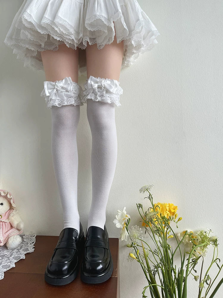 Sock Noble - Lace Bow - White or Black Mid-Calf or Long Socks with Lace Bow Trim