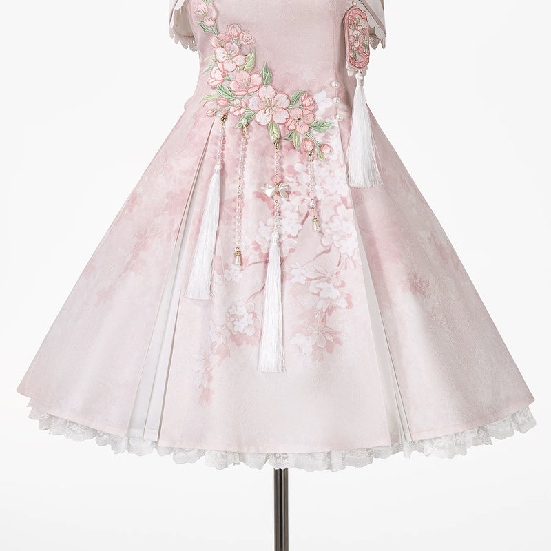 Sweet Promise - New Chinese-Style Blossom - Pink princess dress with floral embroidery and lace-trimmed top