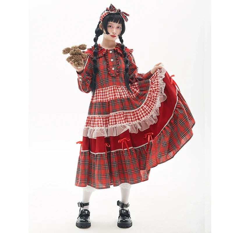 SOS MEME CLUB - Vintage Plaid - Red Vintage Lolita OP dress with a doll collar - product detail 6