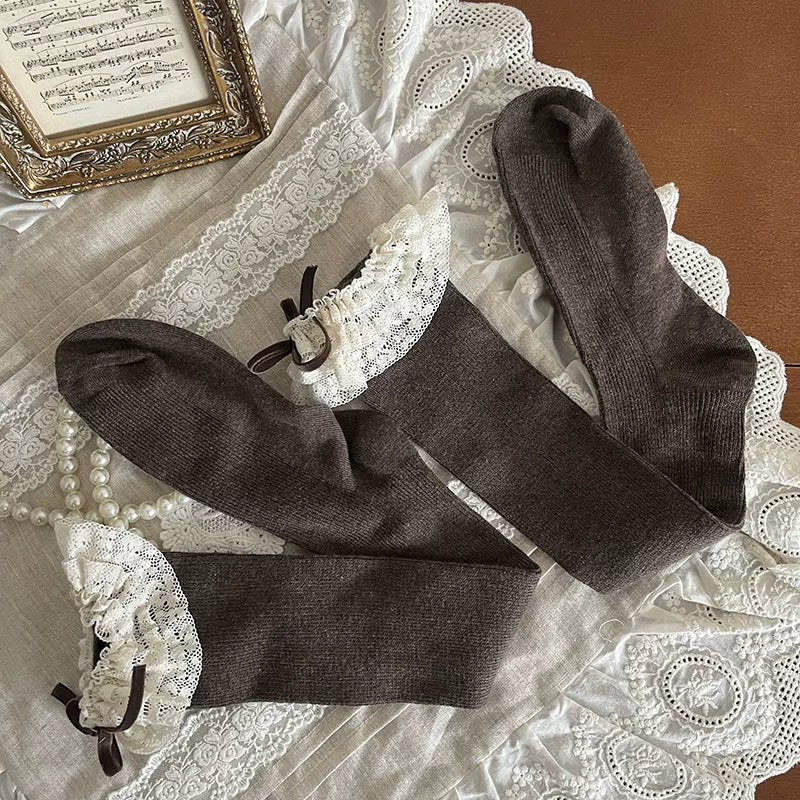 Sock Noble - Cream Lace Cake - Over-the-knee and mid-calf socks with layered lace bows
