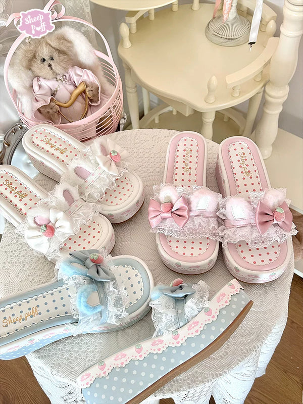 Sheep Puff Strawberry Bunny Platform Lolita Shoes with cute bunny and strawberry design, featuring a playful, layered shoe style.