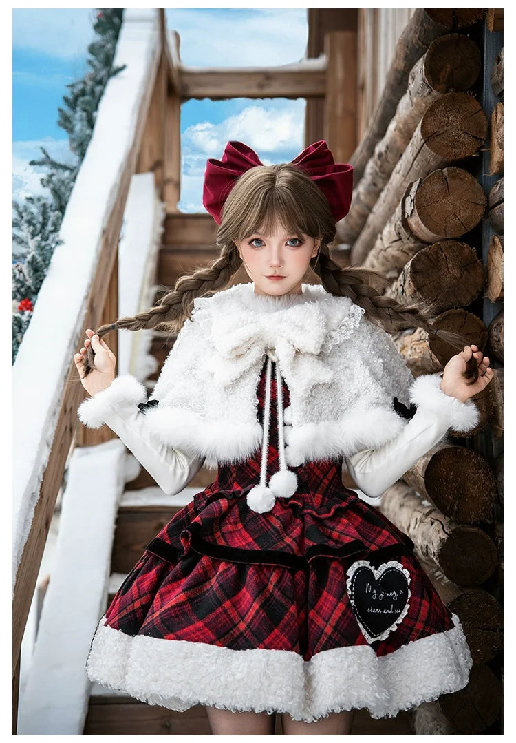 With PUJI - Snow Night Serenade - Fluffy Plaid Kawaii Lolita JSK, Reversible Cape