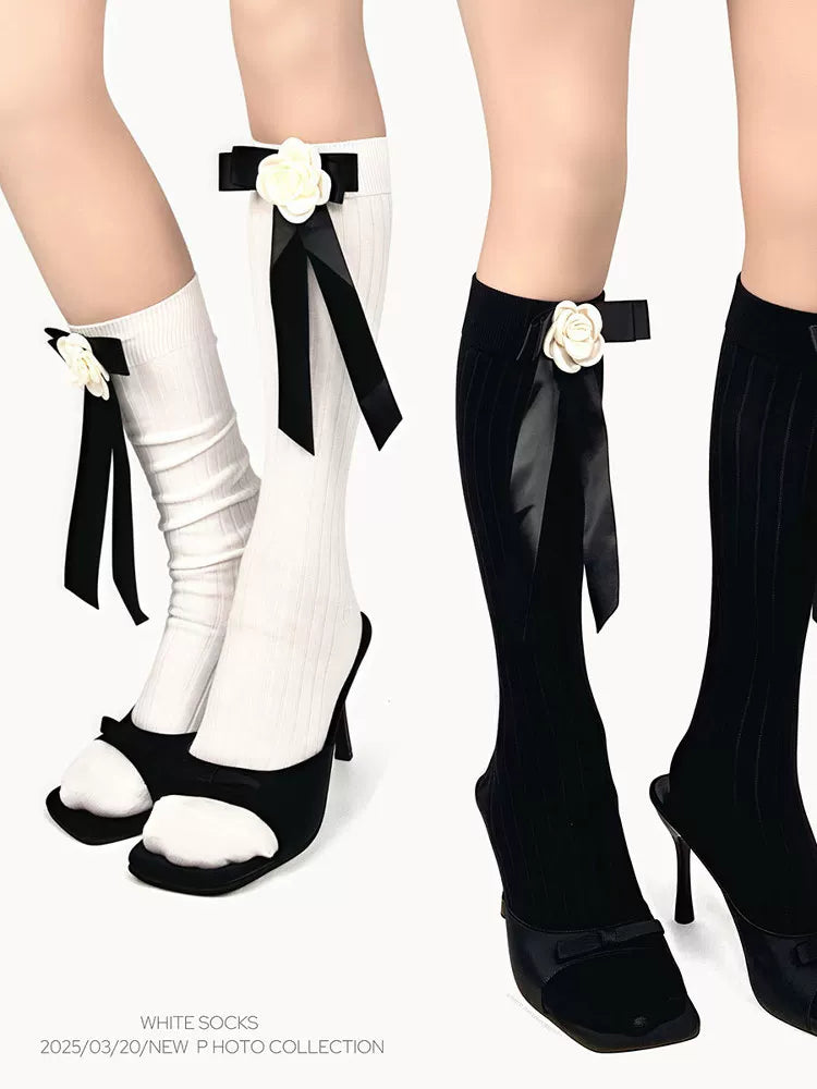 White Socks - Vintage Ribbon - Ribbed Scrunch Socks with Rose-and-Ribbon Trim