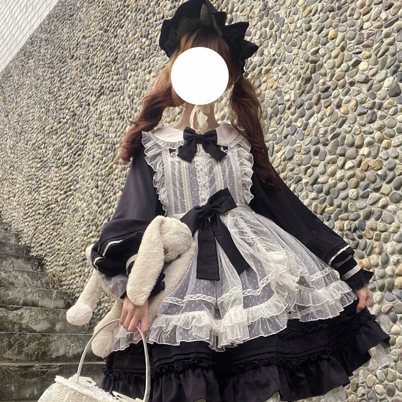 Lady Han Lolita Tower cute OP dress with ruffled details and bow accents, featuring a charming pastel color palette.