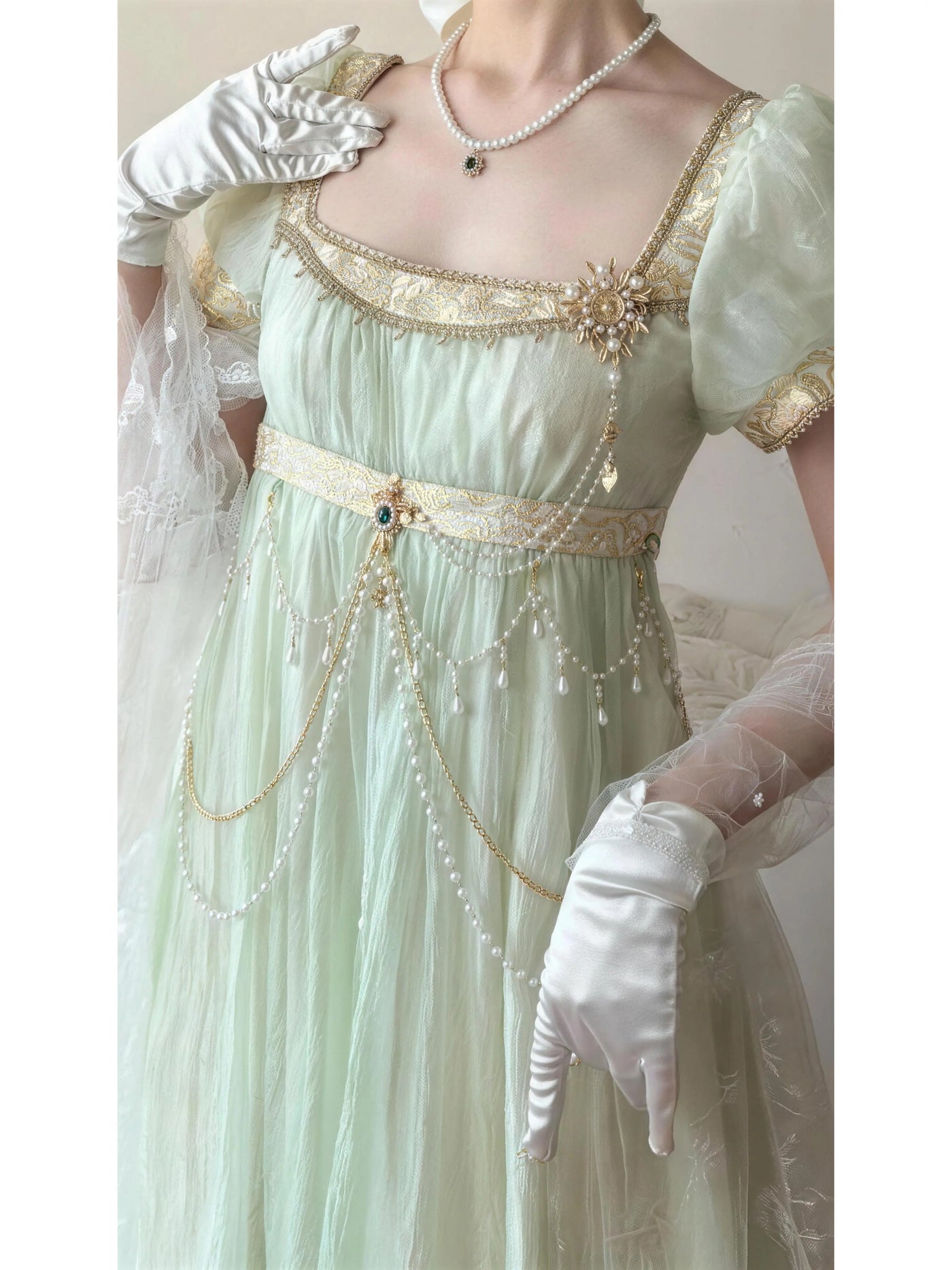 Creamy - Mint Courtly Empire - Green Lolita Dress with Gold Trim