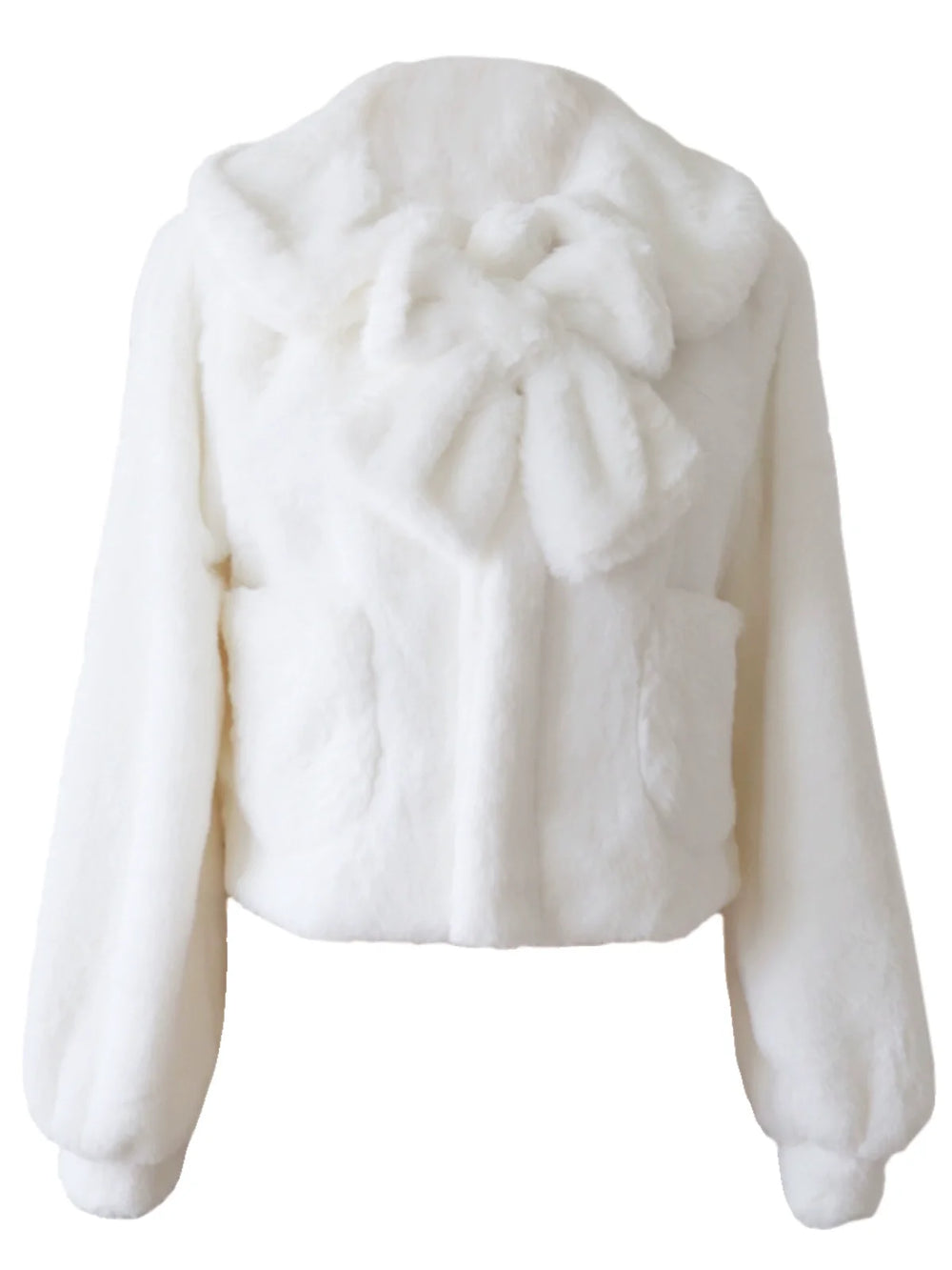 White plush short coat with an oversized bow and doll collar on white