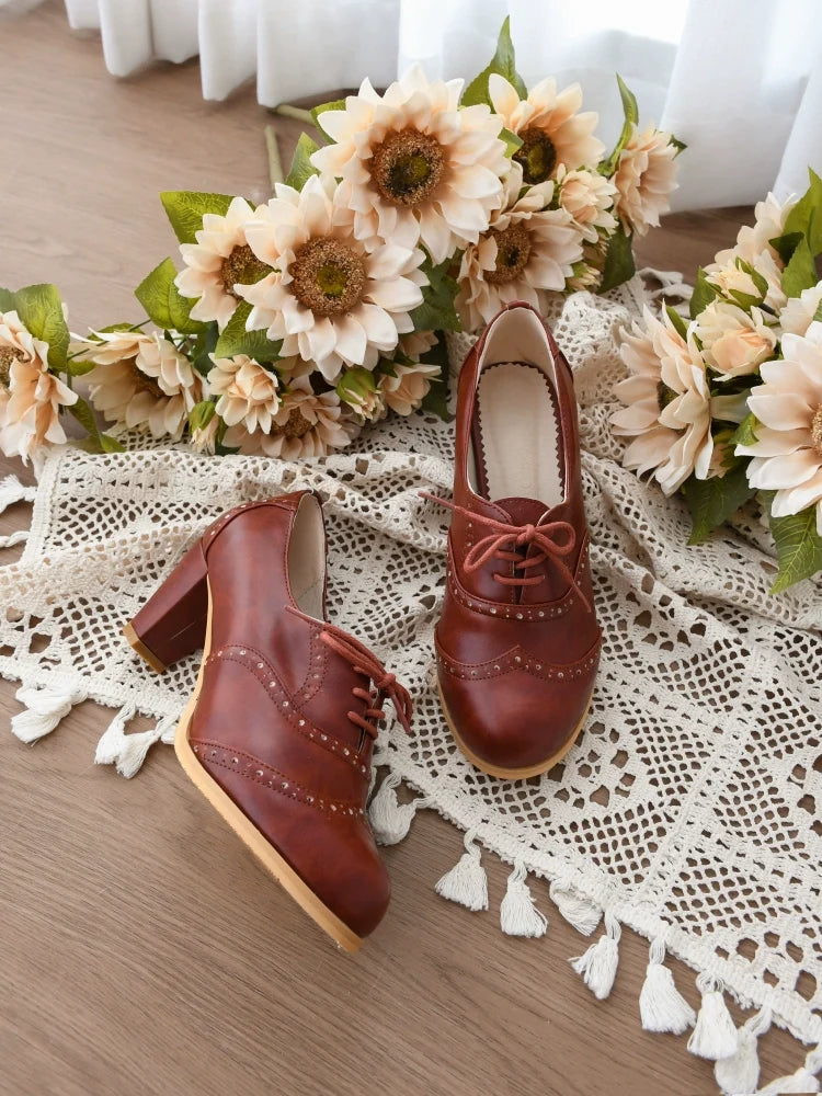 Sentaro - Retro Lolita Heel Shoes Handmade - Perforated Strap Leather Shoes Shoes