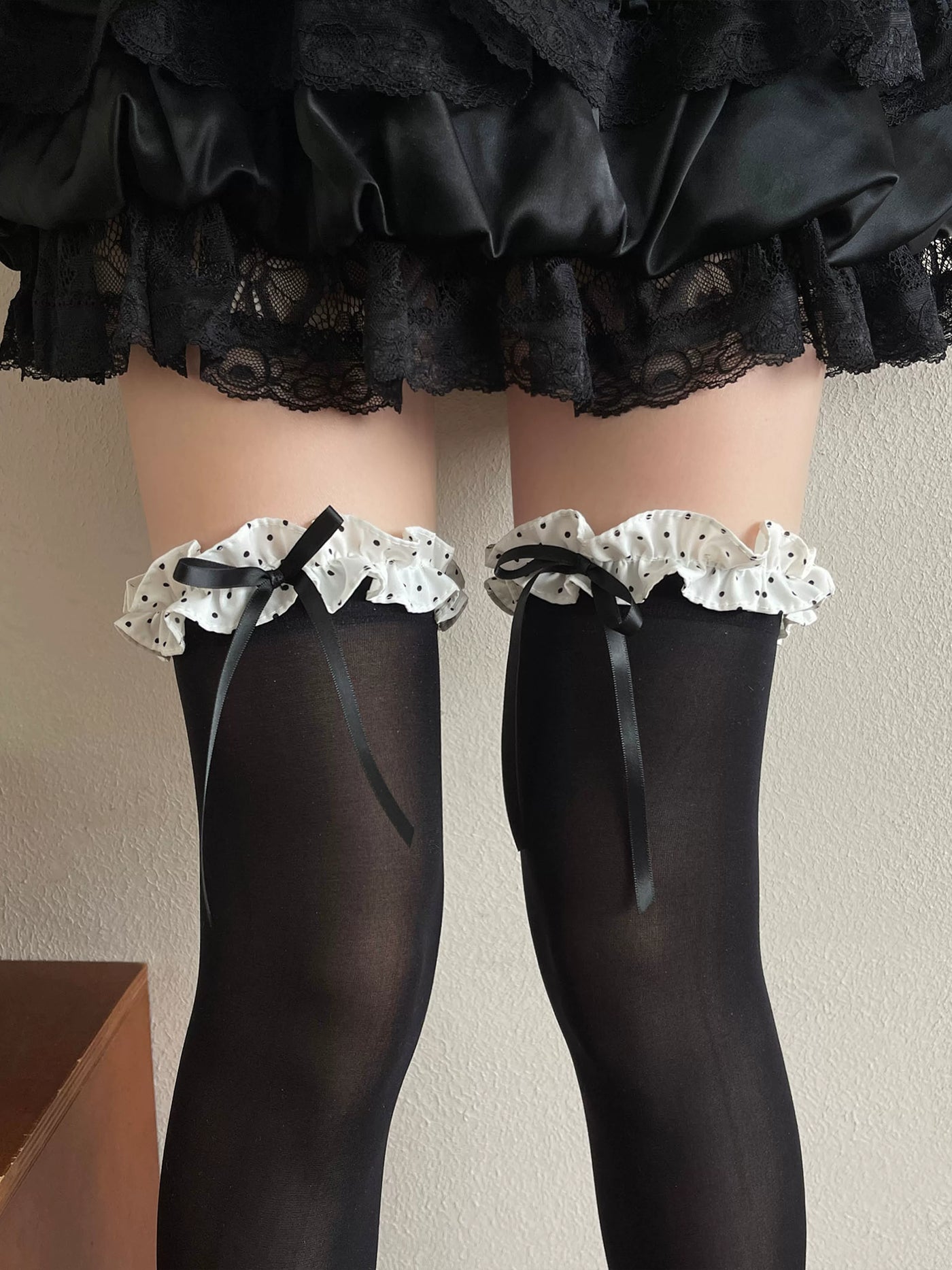 Sock Noble - Polka-Dot Ribbon - Velvet Over-the-Knee Socks with Ribbon Ties