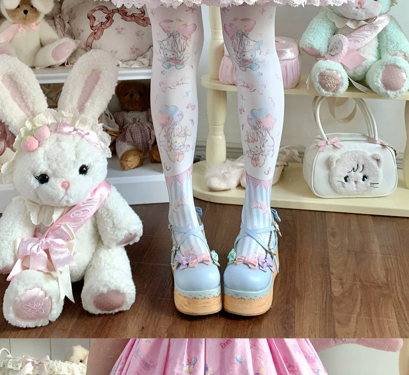 roji roji - Momo Celebration - Pastel Velvet Printed Tights with Bunny Motifs