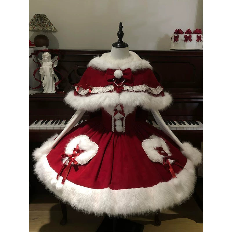 Creamy - Winter Christmas - Red Cape Dress Set with Plush Trim
