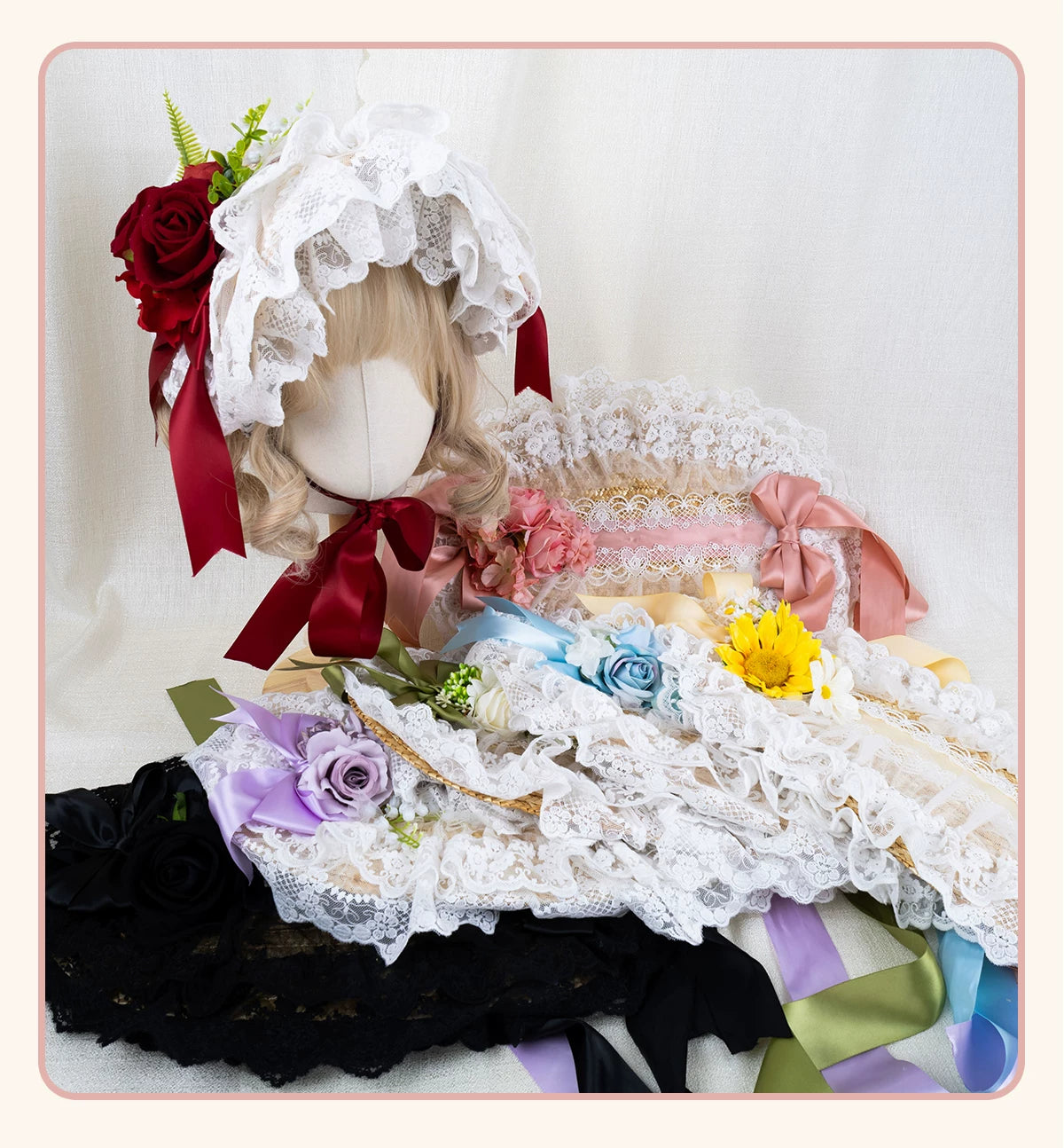Stardust Rose - Garden Lace Bow - Flat Straw Hat with Lace Trim and Large Bow