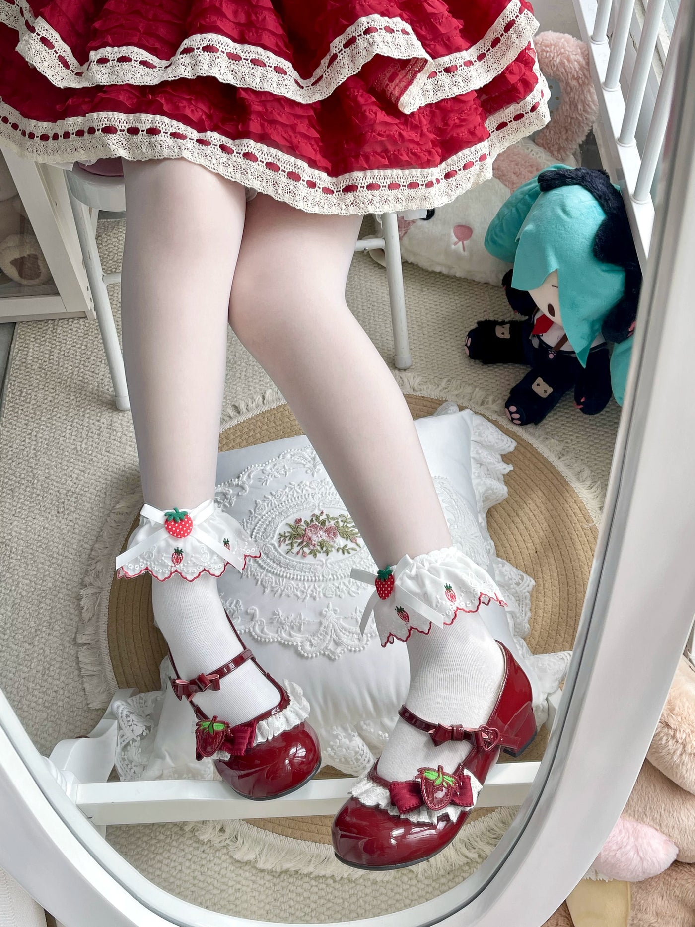 Fantasy Doll - Strawberry Bow - Mid-Calf Socks with Strawberry Motifs and Lace Trim