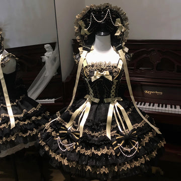 Lady Han Gilt Memory Lolita Fetch JSK dress featuring intricate gold accents and elegant design, shown on a mannequin.