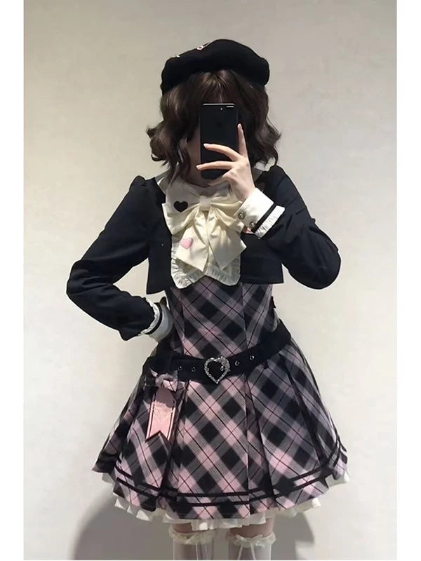 Creamy - Pink Plaid Noir - Pink one-piece dress (OP) with black faux two-piece styling