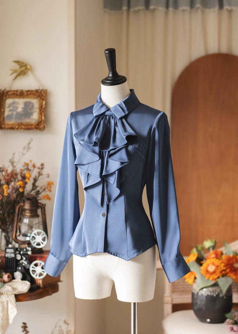 Forest Dew - Elegant Lolita Slim Fit Shirt, Detachable Jabot Blue Shirt S