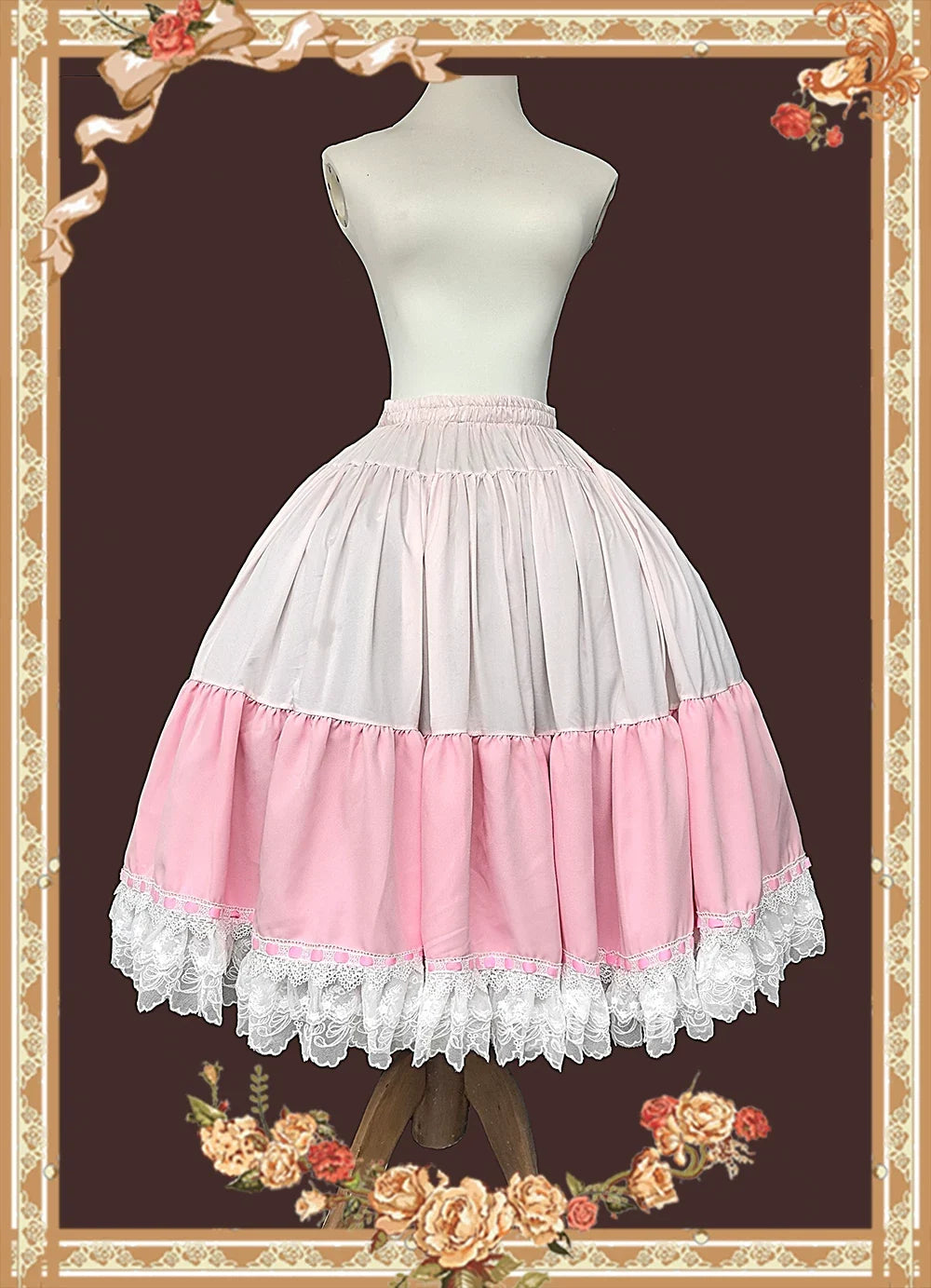 Mirror Doll - Old School Lolita Tiered Hem JSK with Polka Dot Lace Pink x White Extended Skirt (one size / choose M) S