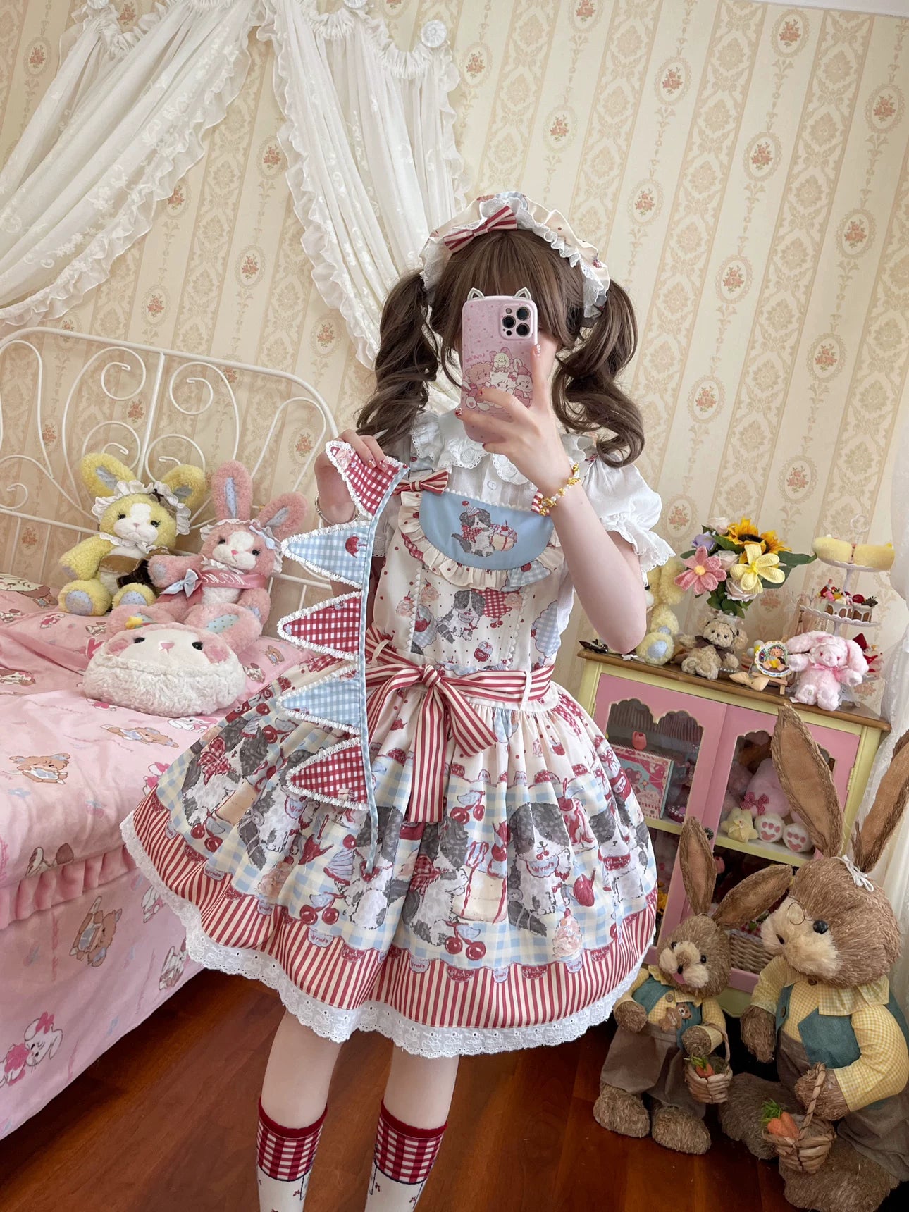 GZYRZ - Border Collie Cherry - Cream Suspender JSK with Cherry and Border Collie Print