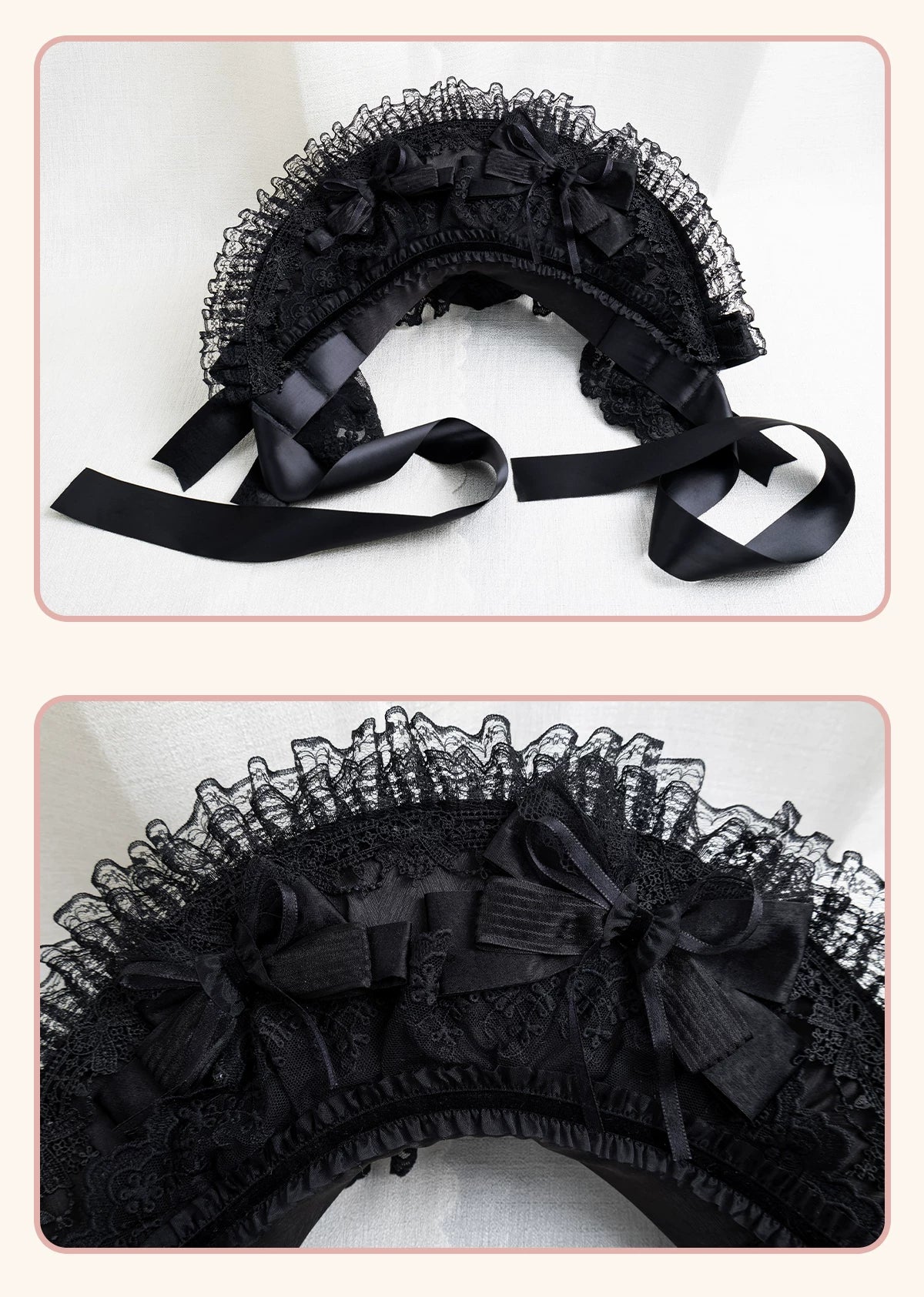 Stardust Rose - A035 Black Lace - Black Lace Headwear and Hand Sleeves with Ribbon Bows