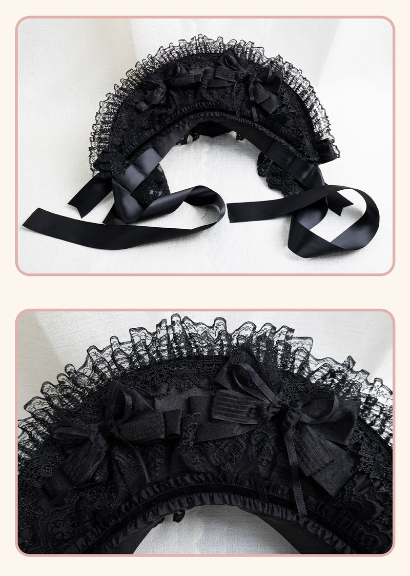 Stardust Rose - A035 Black Lace - Black Lace Headwear and Hand Sleeves with Ribbon Bows
