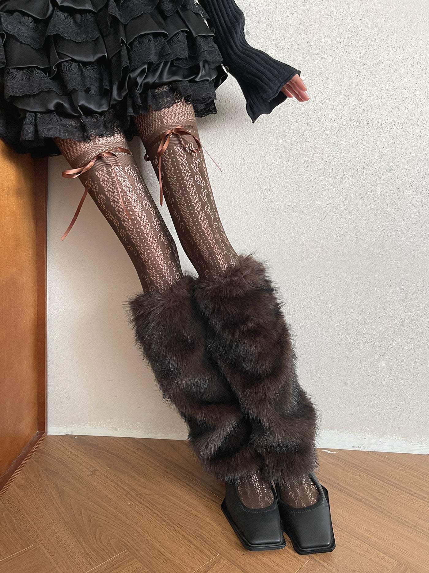 Sock Noble - Cocoa Fur - Brown Lace Tights and Sock Covers with Ribbon Ties and Fur Sections