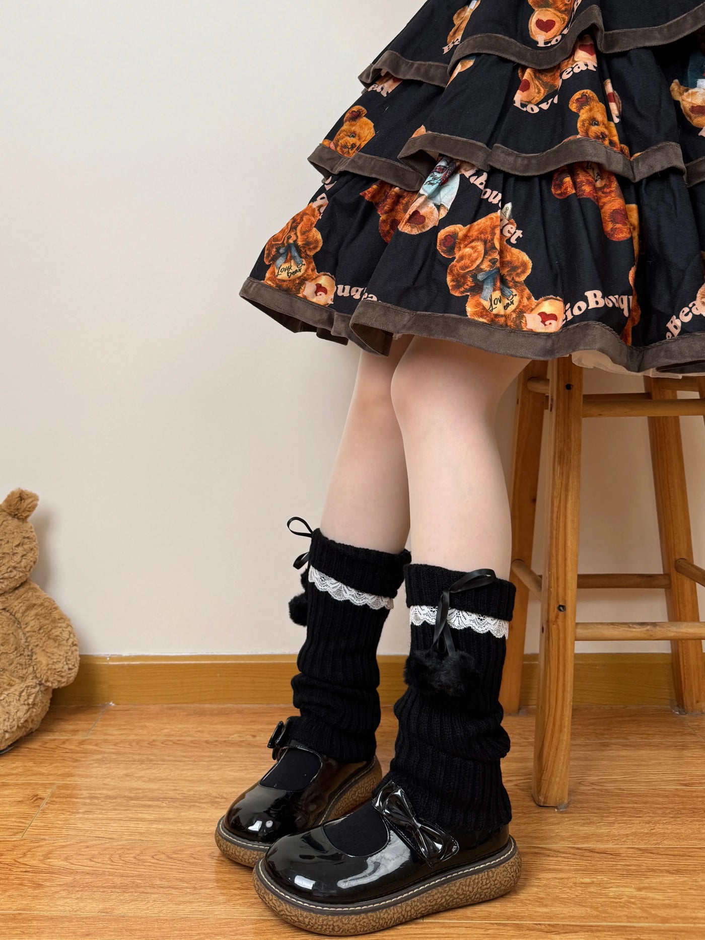 Chubby Bear Tales - Ribbon Knit - Scrunched Knit Leg-Warmer Socks with Ribbon Ties