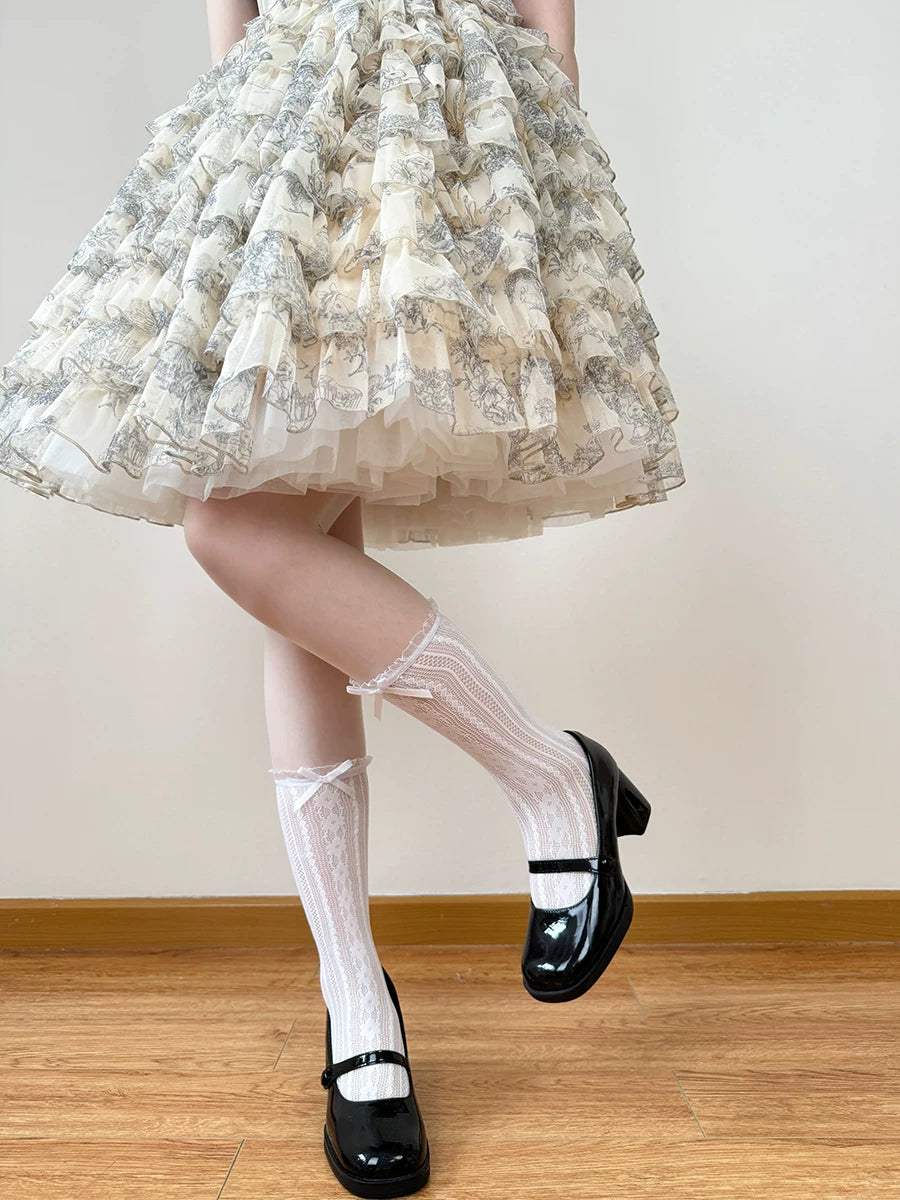 Chubby Bear Tales - Alice - Openwork Lace Mid-Calf Socks with Bow Cuffs