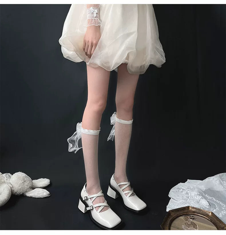 Sock Noble - Crystal Bow - Sheer Mid-Calf Slouch Socks with Bow Detail