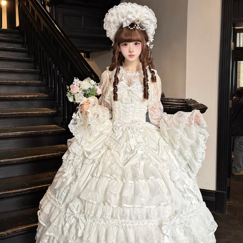 Lady Han Bridal Sweet JSK dress from Lolita Fetch featuring a curtain poem design, with intricate lace and elegant pastel colors.