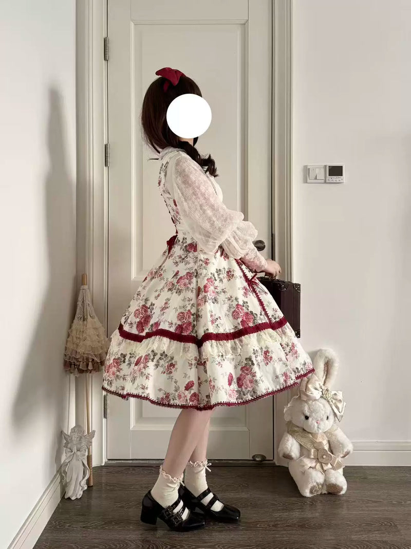 Thousand Wood - Red Peony - JSK Dress with a detachable long waist bow