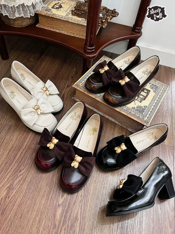 Sheep Puff Retro Bear Lolita Shoes featuring cute bear applique, pastel colors, and vintage-inspired design for stylish footwear.
