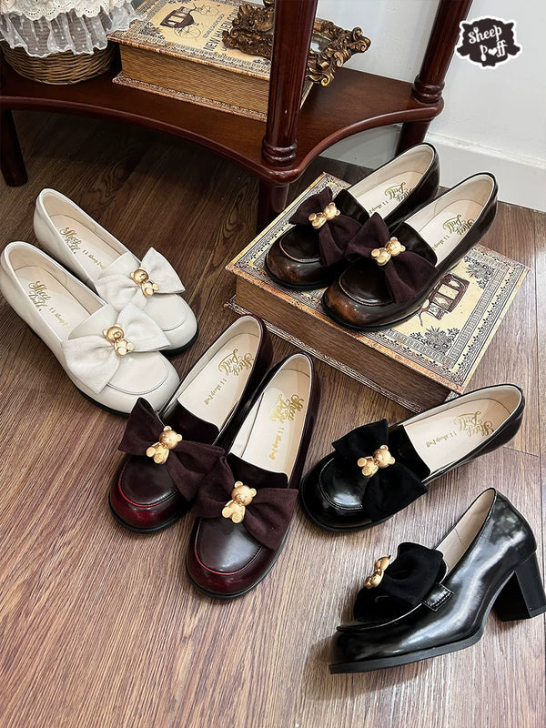 Sheep Puff Retro Bear Lolita Shoes featuring cute bear applique, pastel colors, and vintage-inspired design for stylish footwear.
