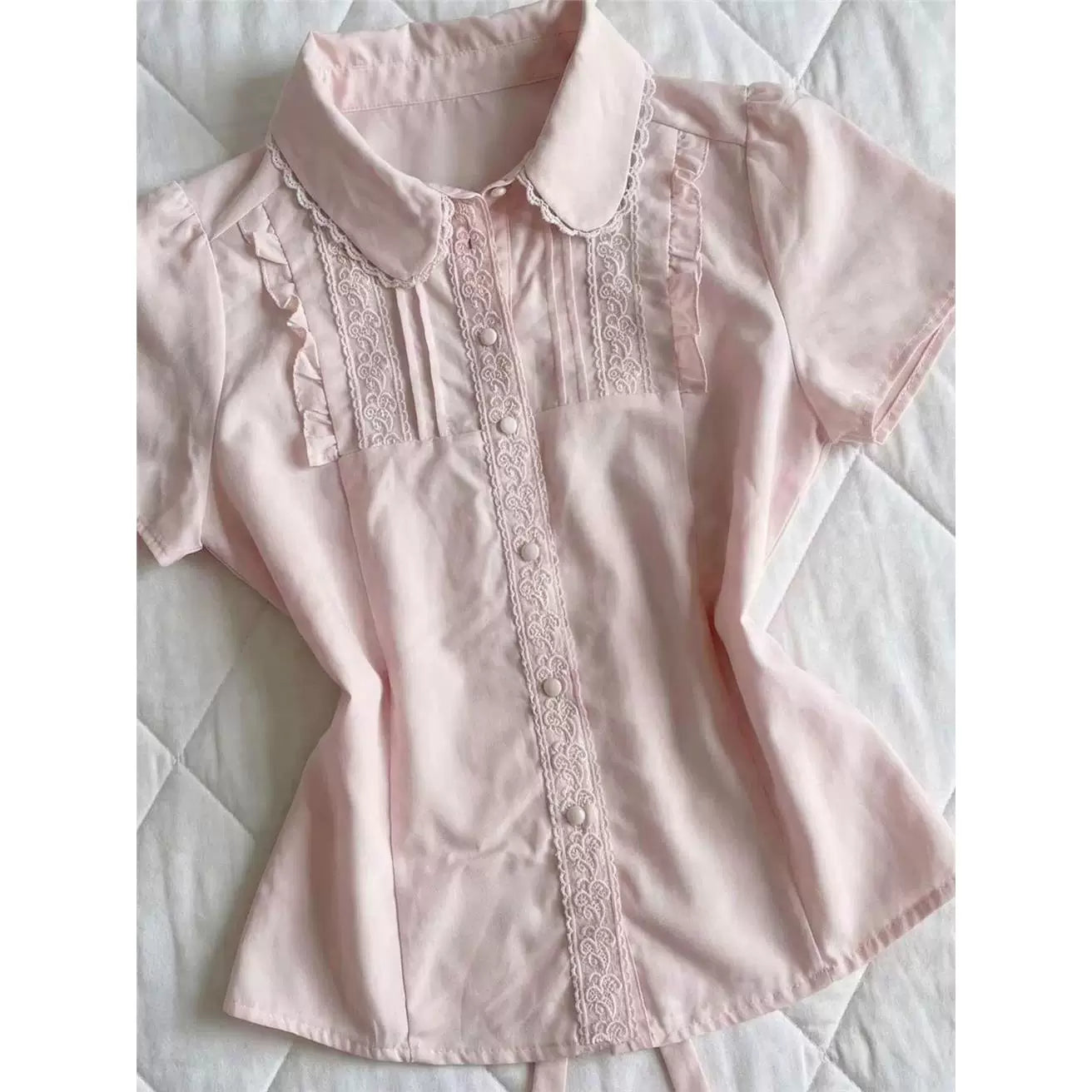 Sweetheart Dream Machine - Pink Lace Polo - Short-Sleeve Blouse with a Lace-Trimmed Polo Collar