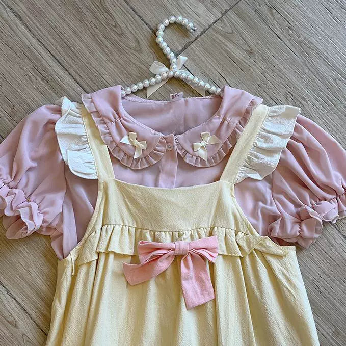 Sweetheart Dream Machine - Ribbon Collar - Short-Sleeve Blouse with a Ruffled Peter Pan Collar