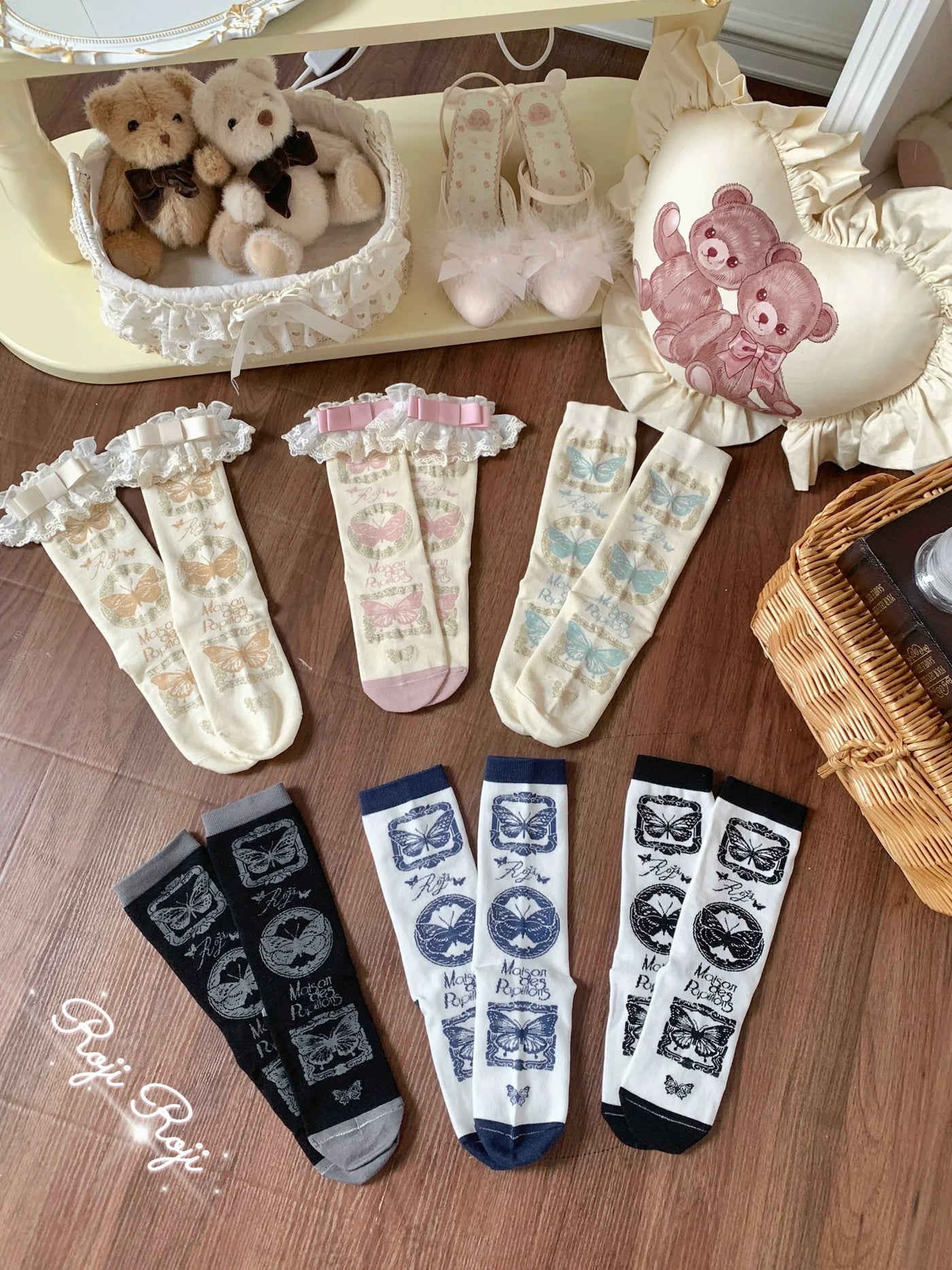 Roji Roji - Sweet Lolita Cotton Socks - Detachable Cuff Bow Trim Socks