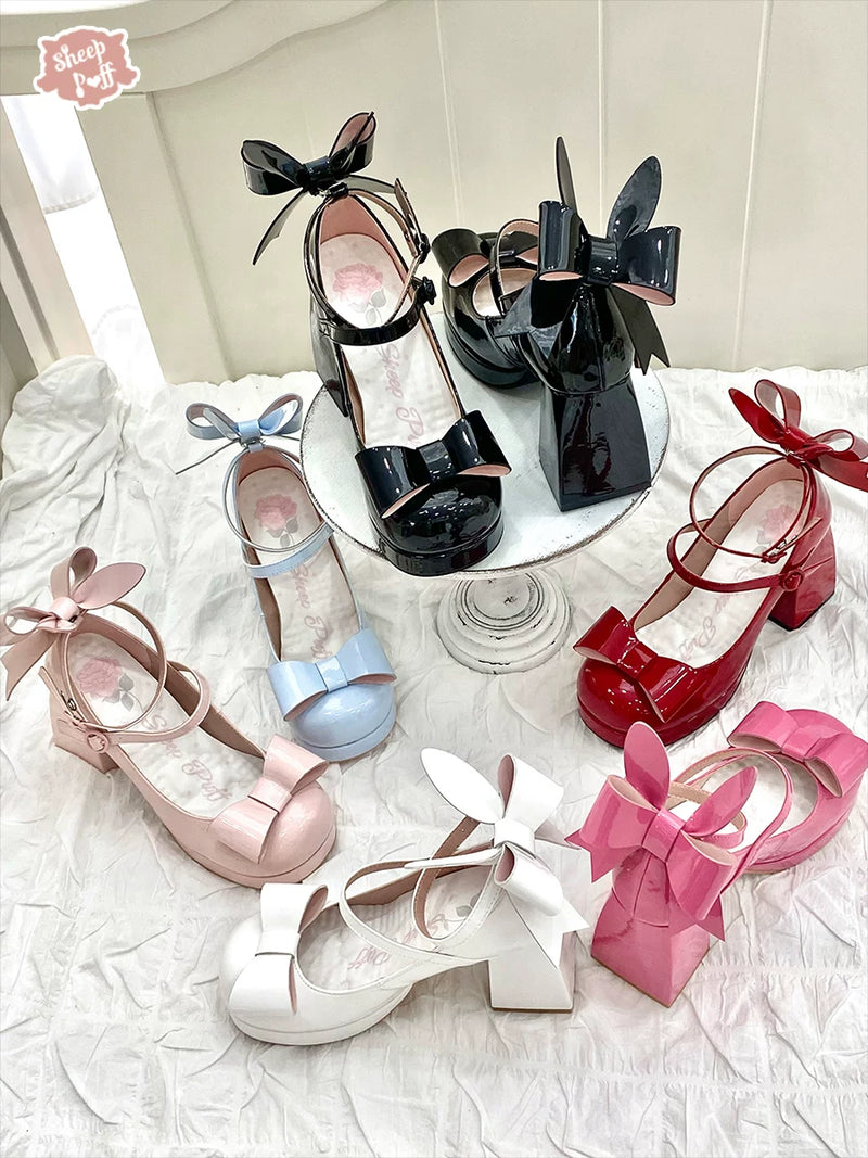 Sheep Puff Miss Bunny Lolita heels featuring pastel pink and white shoes with bunny details and decorative bows.