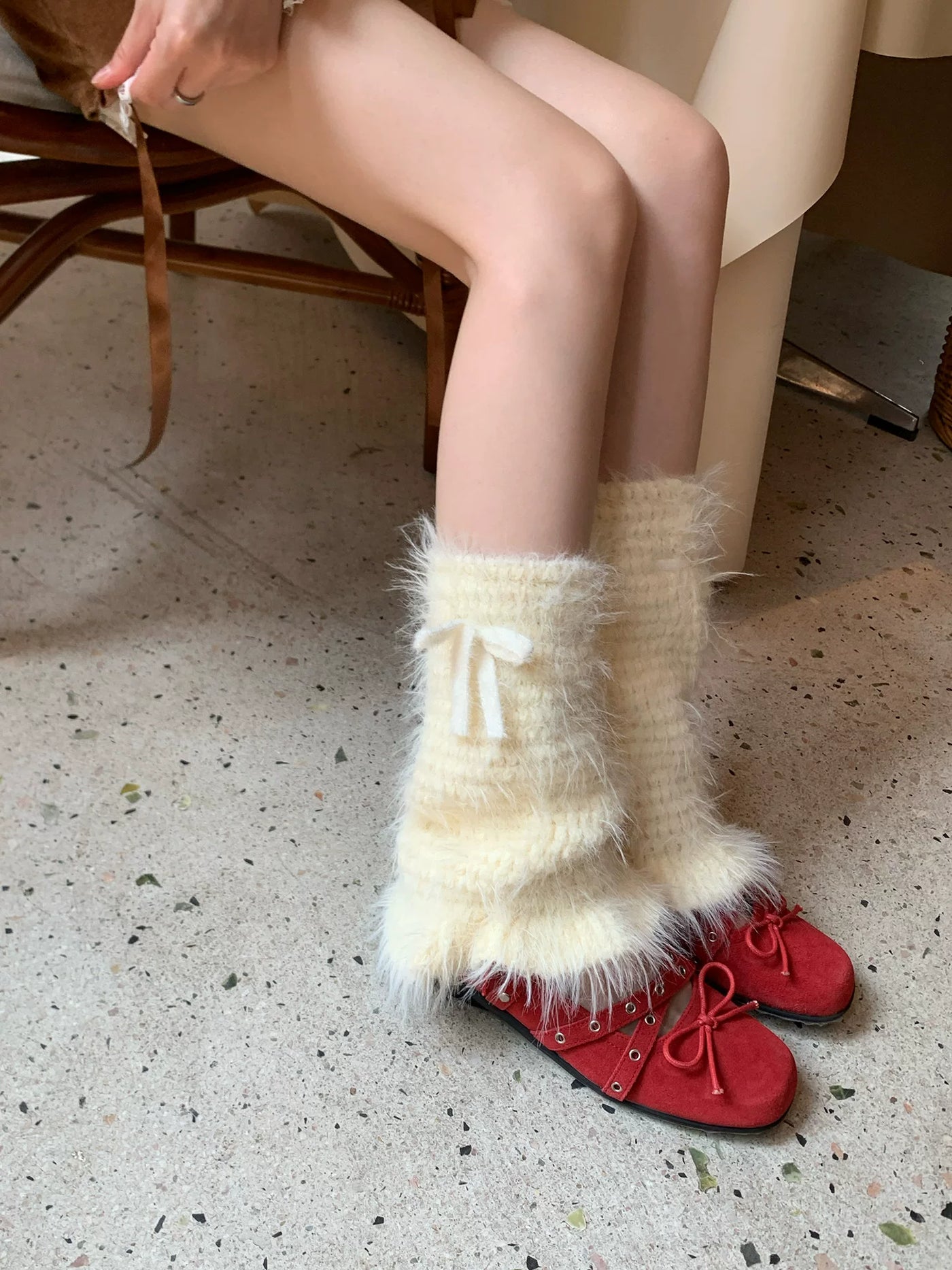 Fantasy Doll - Winter Bow Plush - Plush Mid-Calf Leg Warmers with Tie Bows
