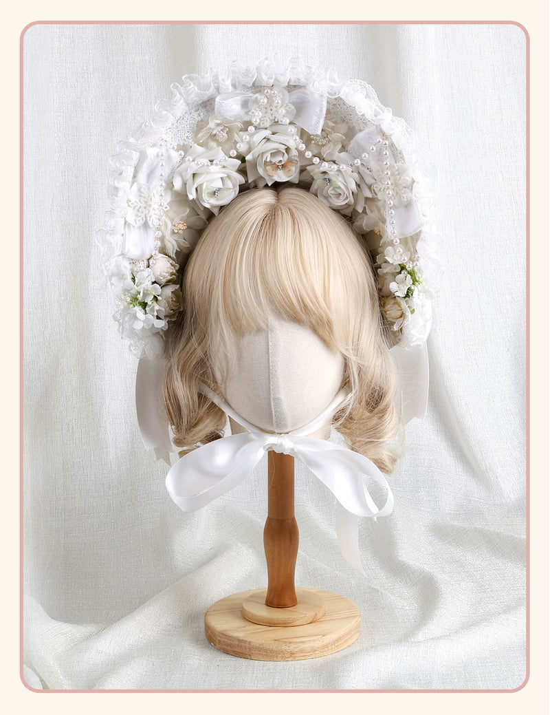 Stardust Rose - Autumn-Winter Dream - Lace-Trimmed Flat Hat with Ribbon Bows