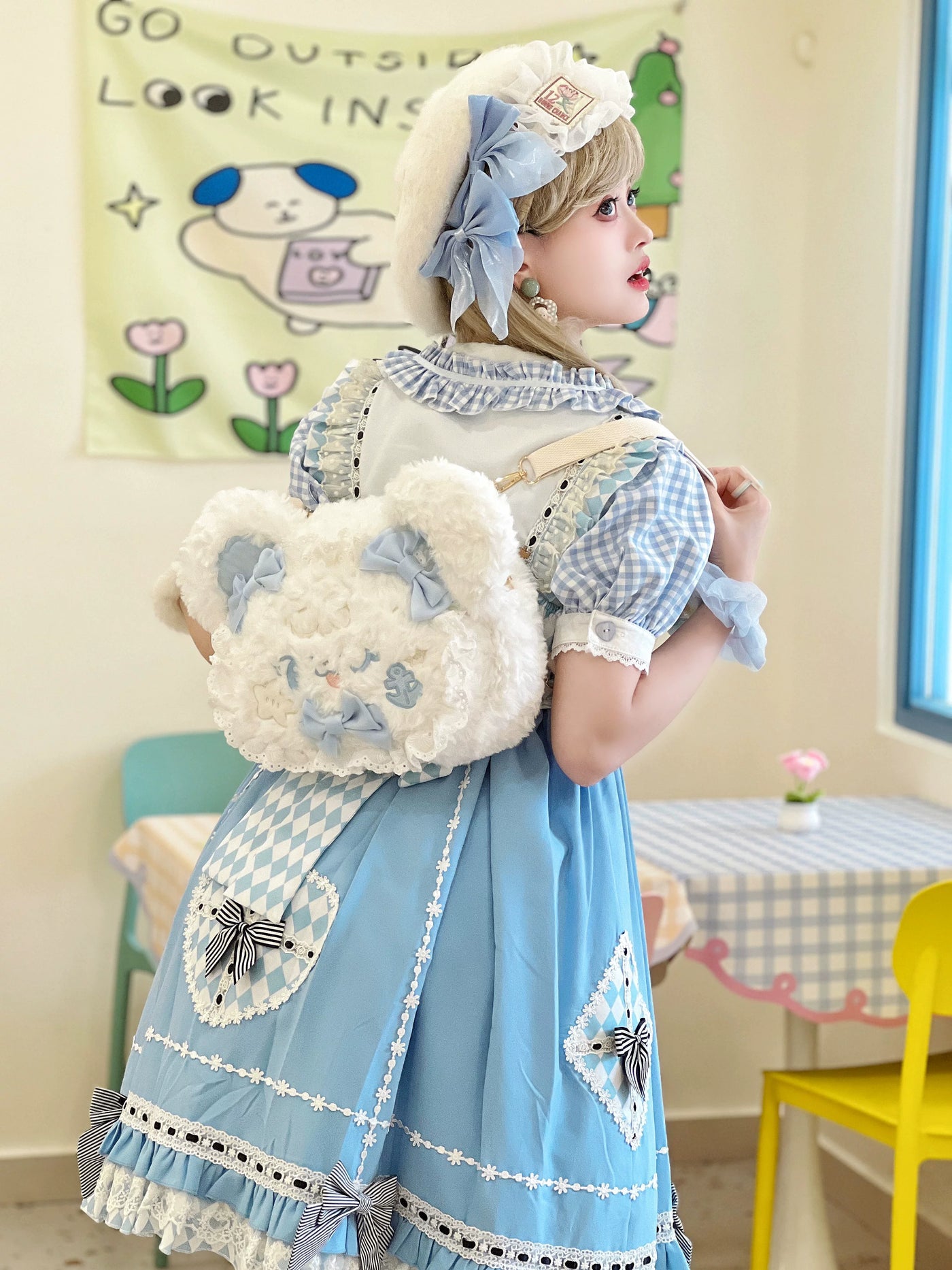 Molly Puppy - Bow Bear - Plush Bear Backpack with Pale-Blue Bows